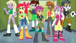 Size: 1000x563 | Tagged: safe, artist:ferrokiva, derpibooru import, apple bloom, button mash, dinky hooves, pipsqueak, rumble, scootaloo, sweetie belle, equestria girls, ball, boots, clothes, cutie mark crusaders, equestria girls-ified, football, goggles, jacket, jeans, lockers, looking at you, pants, shirt, shoes, shorts, skirt, sports