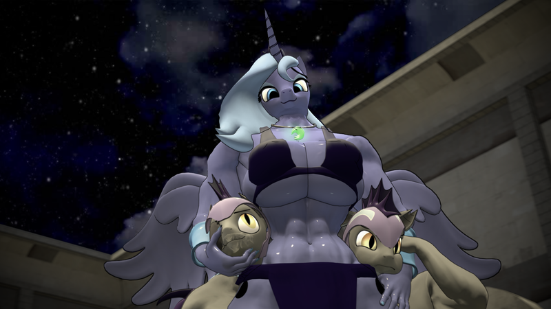 Size: 1920x1080 | Tagged: 3d, alicorn, amazon, anthro, artist:s.g.d.n.o., big breasts, breasts, busty princess luna, derpibooru import, female, huge breasts, male, muscles, night guard, nightsky, pegasus, princess luna, princess muscle moona, royal guard, s1 luna, source needed, suggestive