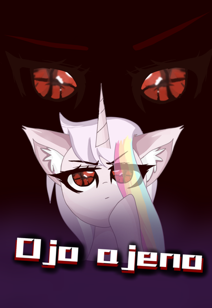 Size: 1521x2211 | Tagged: safe, artist:memengla, derpibooru import, oc, oc:memengla, pony, unicorn, eye, eyes, female, gradient background, no pupils, red eyes, solo, spanish, thick eyelashes