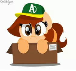 Size: 4096x3800 | Tagged: artist:omgitslynx, baseball cap, box, cap, cute, derpibooru import, hat, looking at you, oakland athletics, oc, oc:vanilla creame, safe, simple background, sneaking, unofficial characters only, white background, wide eyes