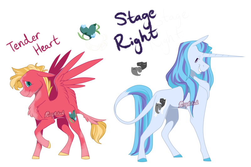 Size: 3000x2000 | Tagged: safe, artist:parrpitched, deleted from derpibooru, derpibooru import, oc, oc:stage right, oc:tender heart, unofficial characters only, pegasus, pony, unicorn, female, magical lesbian spawn, mare, offspring, parent:fluttershy, parent:rarity, parent:tempest shadow, parent:vinyl scratch, parents:rariscratch, parents:tempestshy, simple background, transparent background