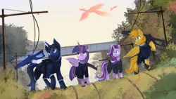 Size: 4000x2250 | Tagged: safe, artist:blackligerth, derpibooru import, starlight glimmer, twilight sparkle, twilight sparkle (alicorn), oc, alicorn, pegasus, phoenix, pony, unicorn, clothes, glowing horn, gun, horn, military uniform, rifle, uniform, weapon