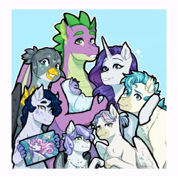 Size: 800x800 | Tagged: safe, artist:vennyredmoon, deleted from derpibooru, derpibooru import, gabby, rarity, spike, sweetie belle, terramar, oc, oc:feather belle, oc:iridescence, oc:snowflake, classical hippogriff, dracony, dragon, hippogriff, hybrid, pony, brother-in-law, cousins, family, female, interspecies offspring, magical lesbian spawn, male, offspring, older, older spike, parent:gabby, parent:rarity, parent:spike, parent:sweetie belle, parent:terramar, parents:gabbelle, parents:sparity, parents:terrabelle, polyamory, shipping, siblings, sister-in-law, sparity, straight, winged spike