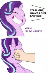 Size: 1092x1680 | Tagged: safe, derpibooru import, edit, starlight glimmer, human, pony, unicorn, memnagerie, spoiler:memnagerie, spoiler:mlp friendship is forever, abuse, background pony strikes again, disembodied hand, female, glimmerbuse, hand, mare, offscreen character, ouch, punch, simple background, text, white background