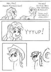 Size: 720x1021 | Tagged: safe, artist:texasuberalles, derpibooru import, bright mac, pear butter, earth pony, pony, comic, cowboy hat, faic, female, grayscale, hat, implied big macintosh, male, mare, monochrome, mother's day, pencil drawing, simple background, stallion, traditional art, white background