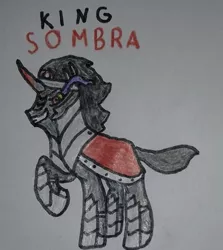 Size: 496x556 | Tagged: safe, artist:electric spark, derpibooru import, king sombra, pony, umbrum, unicorn, cape, clothes, crown, curved horn, horn, jewelry, male, one hoof raised, regalia, simple background, solo, sombra's cape, stallion, traditional art, white background