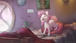 Size: 3840x2162 | Tagged: safe, artist:icychamber, derpibooru import, sweetie belle, pony, unicorn, bed, blank flank, blanket, dialogue, eyes closed, on bed, open mouth, poster, solo, speech bubble, unshorn fetlocks