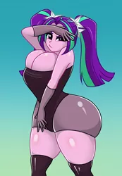 Size: 900x1300 | Tagged: suggestive, artist:mashoart, derpibooru import, aria blaze, equestria girls, arse-ia blaze, ass, big breasts, breast squish, breasts, busty aria blaze, butt, clothes, female, huge breasts, huge butt, large butt, looking at you, socks, solo, solo female