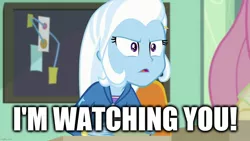 Size: 1280x720 | Tagged: safe, derpibooru import, edit, edited screencap, screencap, trixie, a little birdie told me, equestria girls, equestria girls series, caption, image macro, meme, text, trixie yells at everything