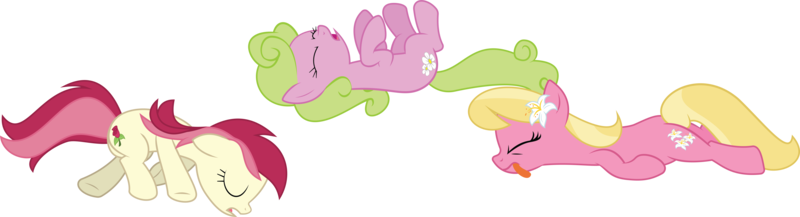 Size: 13875x3771 | Tagged: safe, artist:wissle, derpibooru import, daisy, flower wishes, lily, lily valley, roseluck, earth pony, pony, applebuck season, absurd resolution, fainted, female, flower trio, lying, lying down, mare, on back, playing dead, simple background, the horror, tongue out, transparent background, vector