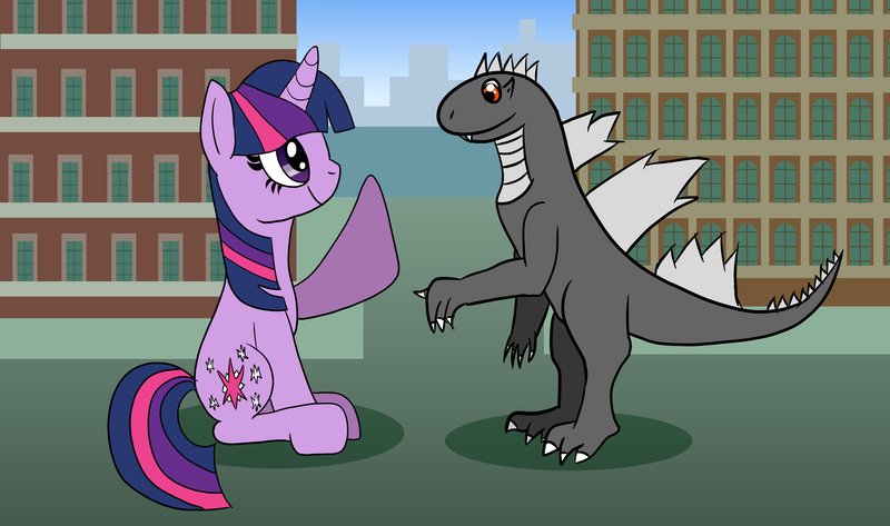 Size: 3410x2015 | Tagged: safe, artist:platinumdrop, derpibooru import, twilight sparkle, oc, oc:godzilla, kaiju, pony, unicorn, city, giant pony, gift art, godzilla, godzilla (series), macro, unicorn twilight