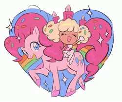 Size: 4096x3421 | Tagged: safe, artist:tomoe-chi, derpibooru import, pinkie pie, earth pony, pony, birthday cake cookie, candle, colored hooves, cookie run, crossover, duo, female, heart, image, jpeg, looking at you, mare, rainbow