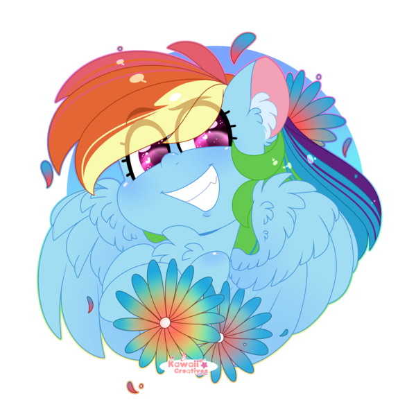 Size: 4000x4000 | Tagged: safe, artist:kawaiicofficial, artist:kawaiicreative, derpibooru import, rainbow dash, pegasus, pony, abstract background, absurd resolution, bust, chest fluff, cute, dashabetes, ear fluff, eye clipping through hair, female, flower, heart eyes, mare, simple background, smiling, solo, transparent background, wingding eyes
