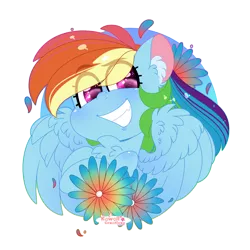 Size: 4000x4000 | Tagged: safe, artist:kawaiicofficial, artist:kawaiicreative, derpibooru import, rainbow dash, pegasus, pony, abstract background, absurd resolution, bust, chest fluff, cute, dashabetes, ear fluff, eye clipping through hair, female, flower, heart eyes, mare, simple background, smiling, solo, transparent background, wingding eyes