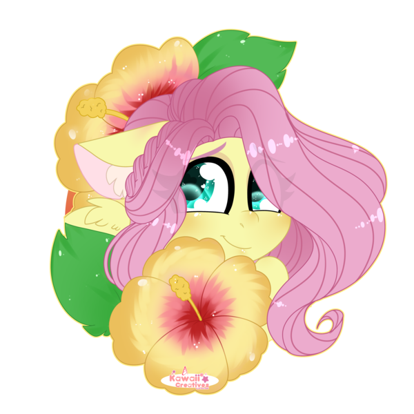 Size: 4000x4000 | Tagged: safe, artist:kawaiicofficial, artist:kawaiicreative, derpibooru import, part of a set, fluttershy, pegasus, pony, absurd resolution, bust, cute, ear fluff, eye clipping through hair, female, floppy ears, flower, looking at you, mare, portrait, shyabetes, simple background, smiling, solo, transparent background