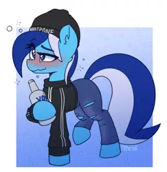 Size: 1182x1217 | Tagged: safe, artist:puetsua, derpibooru import, oc, oc:brushie brusha, earth pony, addipone, adidas, alcohol, blue background, blue eyes, blue mane, blushing, bottle, bubble, clothes, drink, drunk, ear fluff, ears, earth pony oc, fluffy, full body, hat, jeans, pants, simple background, sweat, tail, vodka