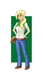 Size: 1152x2048 | Tagged: applejack, applejack's hat, artist:mozgan, belt, boots, clothes, cowboy hat, derpibooru import, freckles, hat, human, humanized, jeans, pants, safe, shirt, shoes, signature, smiling, solo