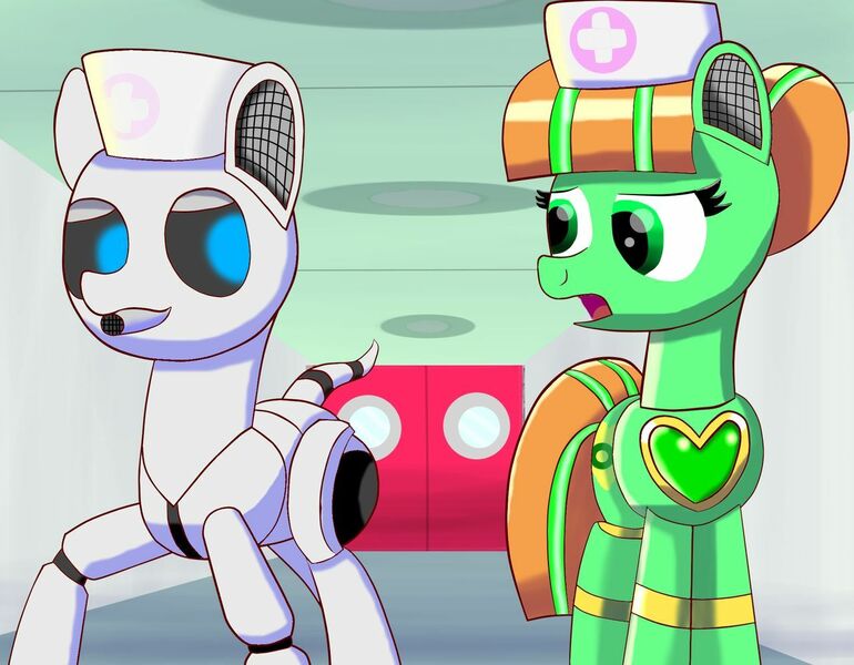 Size: 1280x998 | Tagged: safe, artist:trackheadtherobopony, derpibooru import, oc, oc:engel, oc:goldheart, pony, robot, robot pony, nurse