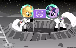 Size: 1024x644 | Tagged: safe, artist:joko-zuno, derpibooru import, applejack, twilight sparkle, alicorn, earth pony, pony, unicorn, astronaut, crater, flag, lunar lander, moon, moon landing, spacesuit, stars, unicorn twilight