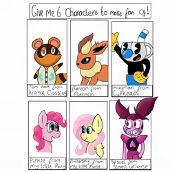 Size: 1080x1080 | Tagged: safe, artist:florence_.paww, derpibooru import, fluttershy, pinkie pie, anthro, earth pony, flareon, pegasus, pony, raccoon, six fanarts, animal crossing, anthro with ponies, clothes, crossover, cuphead, female, gloves, grin, male, mare, mugman, pacman eyes, pokémon, smiling, spinel (steven universe), steven universe, tom nook, waving