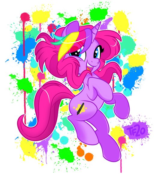 Size: 2034x2334 | Tagged: safe, artist:nanook123, derpibooru import, oc, oc:techy twinkle, unofficial characters only, pony, unicorn, cute, female, jumping, looking at you, paint, rearing, smiling, solo, splatter