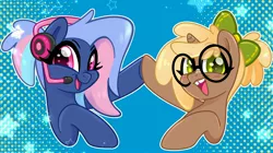 Size: 4096x2295 | Tagged: safe, artist:techycutie, derpibooru import, oc, oc:bit rate, oc:copper chip, unofficial characters only, earth pony, pony, unicorn, babscon, babscon mascots, headphones, hoofbump, ponyfest, ponyfest online, ponytail, stars