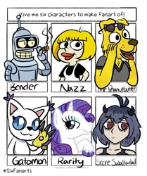 Size: 1024x1223 | Tagged: safe, artist:doughnutdoodlesart, derpibooru import, rarity, anthro, cat, dog, gatomon, human, pony, robot, unicorn, six fanarts, anthro with ponies, bender bending rodriguez, black clover, bojack horseman, bust, cigar, clothes, cloven hooves, digimon, ed edd n eddy, eyelashes, female, futurama, lipstick, makeup, mare, mr. peanutbutter, nazz, open mouth, secre swallowtail, smiling, smoking, tongue out, unshorn fetlocks, waving