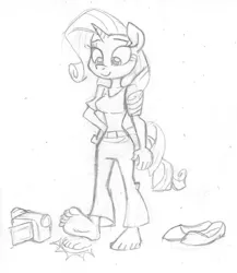 Size: 963x1112 | Tagged: anthro, artist:dertikleen, barefoot, camcorder, clothes, derpibooru import, feet, fetish, foot fetish, foot tapping, monochrome, plantigrade anthro, rarity, safe, shoes, solo, tapping, traditional art