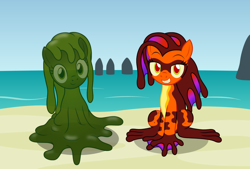 Size: 2810x1904 | Tagged: safe, artist:badumsquish, derpibooru import, frog, frog pony, goo, goo pony, hybrid, monster pony, original species, pony, beach, duo, female, gekko, great bay, grin, half-pony, interspecies offspring, looking at you, mad jelly, ocean, offspring, parent:quarter hearts, sharp teeth, smiling, teeth, the legend of zelda, the legend of zelda: majora's mask