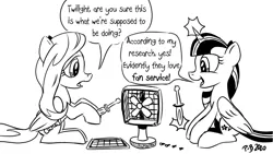 Size: 1200x675 | Tagged: safe, artist:pony-berserker, derpibooru import, fluttershy, twilight sparkle, alicorn, pegasus, pony, black and white, dialogue, duo, fan, fan service, female, folded wings, glowing horn, grayscale, hoof hold, horn, lineart, mare, monochrome, pony-berserker's twitter sketches, profile, pun, screwdriver, sitting, speech bubble, visual pun, wings