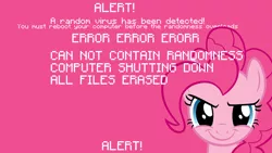 Size: 1920x1080 | Tagged: safe, artist:blissfulbiscuit, artist:jlryan, derpibooru import, pinkie pie, computer virus pony, earth pony, pony, bust, computer virus, error message, looking at you, pink background, rapeface, simple background, solo, vector, wallpaper