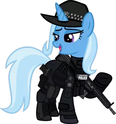Size: 6000x6400 | Tagged: safe, artist:n0kkun, derpibooru import, part of a set, trixie, pony, unicorn, afp, armor, assault rifle, australia, boots, clothes, commission, female, gloves, gun, handgun, hat, hk416, holster, jacket, knee pads, mare, open mouth, pistol, police, pouch, raised hoof, rifle, shoes, simple background, solo, transparent background, usp, weapon