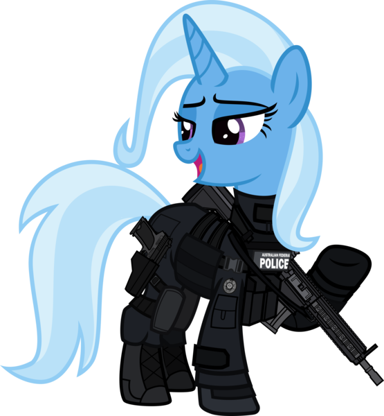 Size: 6000x6483 | Tagged: safe, alternate version, artist:n0kkun, derpibooru import, part of a set, trixie, pony, unicorn, afp, armor, assault rifle, australia, boots, clothes, commission, female, gloves, gun, handgun, hk416, holster, jacket, knee pads, mare, open mouth, pistol, police, pouch, raised hoof, rifle, shoes, simple background, solo, transparent background, usp, weapon