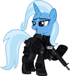 Size: 6000x6483 | Tagged: safe, alternate version, artist:n0kkun, derpibooru import, part of a set, trixie, pony, unicorn, afp, armor, assault rifle, australia, boots, clothes, commission, female, gloves, gun, handgun, hk416, holster, jacket, knee pads, mare, open mouth, pistol, police, pouch, raised hoof, rifle, shoes, simple background, solo, transparent background, usp, weapon