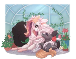 Size: 949x734 | Tagged: safe, artist:monogy, derpibooru import, oc, oc:ayaka, oc:nightmare traveler, unofficial characters only, pony, unicorn, boop, female, flower, greenhouse, mare, simple background, transparent background