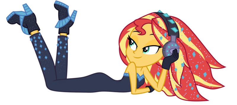 Size: 1024x456 | Tagged: safe, artist:emeraldblast63, derpibooru import, sunset shimmer, equestria girls, the other side, adorasexy, bare shoulders, bedroom eyes, bodysuit, cute, headphones, sexy, simple background, sleeveless, solo, strapless, transparent background, unitard
