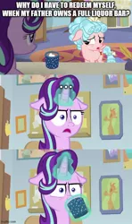 Size: 500x843 | Tagged: semi-grimdark, derpibooru import, edit, edited screencap, screencap, cozy glow, starlight glimmer, pegasus, unicorn, marks for effort, ..., :i, caption, description is relevant, floppy ears, i mean i see, image macro, text