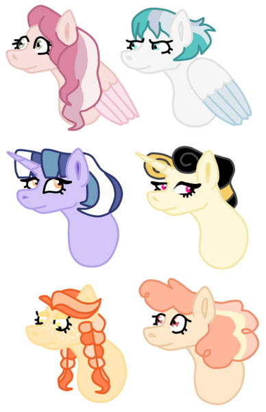Size: 1100x1700 | Tagged: safe, artist:crownofslime, deleted from derpibooru, derpibooru import, oc, unofficial characters only, earth pony, pegasus, pony, unicorn, alternate universe, braided pigtails, bust, female, freckles, image, png, portrait, redesign, short hair, simple background, transparent background