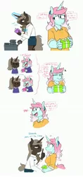 Size: 1773x3751 | Tagged: safe, artist:redxbacon, derpibooru import, oc, oc:history quill, oc:parch well, unofficial characters only, anthro, unicorn