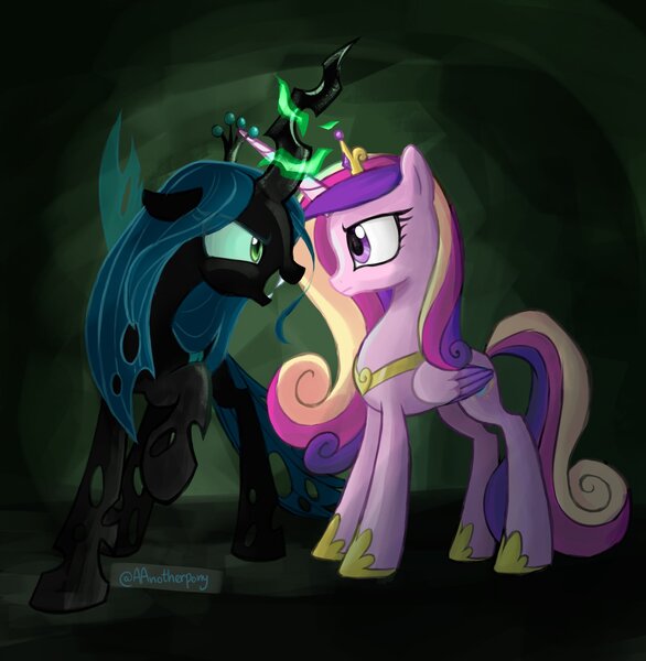 Size: 2001x2048 | Tagged: safe, artist:aanotherpony, derpibooru import, princess cadance, queen chrysalis, alicorn, changeling, changeling queen, pony, female, glowing horn, horn, looking at each other