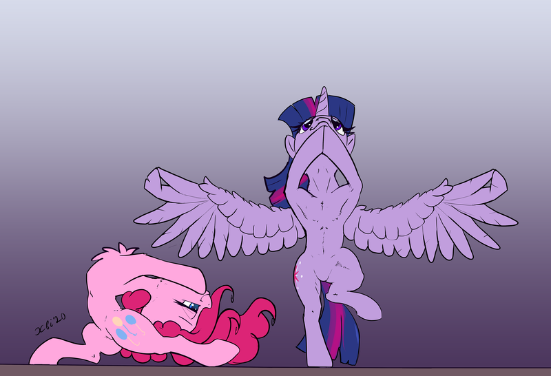 Size: 5917x4039 | Tagged: safe, artist:xbi, derpibooru import, pinkie pie, twilight sparkle, twilight sparkle (alicorn), alicorn, earth pony, pony, 30 minute art challenge finished after, action pose, armpits, backbend, balance, duo, flexible, gradient background, stretching, yoga