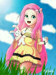 Size: 3000x4000 | Tagged: adorable face, adorkable, artist:fathzoli, bunny doll, cloud, cloudy, cute, derpibooru import, digital art, dork, female, fluttershy, grass, grass field, high res, human, humanized, jewelry, lens flare, lensflare, looking at you, necklace, paint tool sai, photoshop, plushie, redraw, safe, shyabetes, sky, solo, sunshine