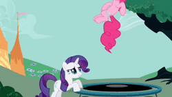 Size: 1280x720 | Tagged: safe, derpibooru import, screencap, pinkie pie, rarity, earth pony, pony, unicorn, the best night ever, animated, bouncing, cartoon physics, defying physics, duo, eyes closed, eyeshadow, gravity defying, happy, in which pinkie pie forgets how to gravity, jumping, makeup, pinkie being pinkie, pinkie physics, pronking, smiling, trampoline