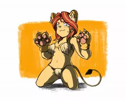 Size: 2048x1636 | Tagged: suggestive, alternate version, artist:doktor-d, derpibooru import, sunset shimmer, equestria girls, :3, animal costume, armpits, bikini, breasts, cat costume, clothes, costume, kneeling, loincloth, nyanset shimmer, paw gloves, solo, swimsuit