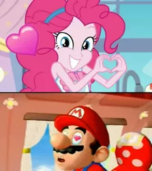 Size: 1117x1254 | Tagged: safe, artist:eddazzling81, derpibooru import, edit, edited screencap, screencap, pinkie pie, human, equestria girls, equestria girls series, the craft of cookies, spoiler:eqg series (season 2), crossover, crossover shipping, female, heart, heart eyes, heart hands, male, mario, mariopie, nintendo, shipping, smiling, straight, super mario bros., super mario sunshine, wingding eyes