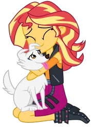 Size: 4400x6000 | Tagged: safe, artist:emeraldblast63, derpibooru import, sunset shimmer, oc, oc:lacey, dog, equestria girls, cute, female, hug, kneeling, panting, shimmerbetes, simple background, transparent background