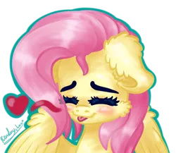 Size: 1500x1300 | Tagged: safe, artist:kindny-chan, derpibooru import, fluttershy, pegasus, pony, :p, bust, cheek fluff, cute, ear fluff, eyes closed, female, floating heart, floppy ears, heart, mare, portrait, shyabetes, simple background, smiling, solo, tongue out, transparent background