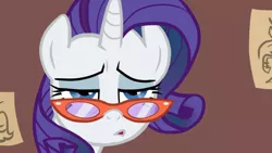 Size: 673x379 | Tagged: safe, artist:vanripper, derpibooru import, rarity, unicorn, fanfic, fanfic:like fine wine, animated at source, bust, female, flash, looking at you, mare, portrait, rarity's glasses, solo, tired