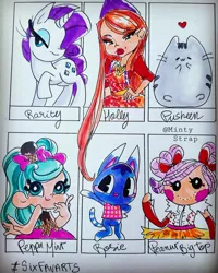 Size: 1080x1350 | Tagged: safe, artist:mintystrap, derpibooru import, rarity, anthro, cat, human, pony, unicorn, six fanarts, animal crossing, anthro with ponies, bedroom eyes, chibi, clothes, crossover, dancing, female, heart, lalaloopsy, makeup, mare, plushie, pusheen, raised hoof, rosie, traditional art