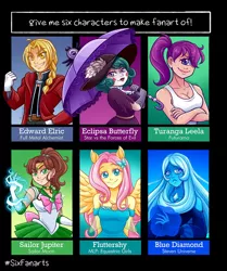 Size: 1080x1290 | Tagged: safe, artist:geminineart, derpibooru import, fluttershy, cyclops, human, six fanarts, equestria girls, equestria girls series, belt, blue diamond (steven universe), braid, bust, clothes, crossed arms, crossover, dress, eclipsa butterfly, edward elric, female, fullmetal alchemist, futurama, geode of fauna, gloves, glowing hands, hat, lipstick, lita kino, magical geodes, male, ponied up, pony ears, sailor jupiter, sailor moon, smiling, star vs the forces of evil, steven universe, sun hat, turanga leela, umbrella, wings